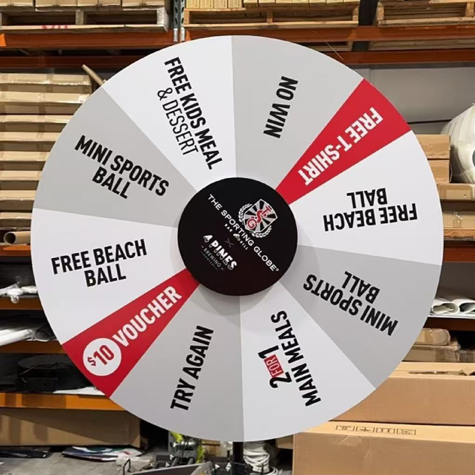 Colorful prize wheel with various winning options.