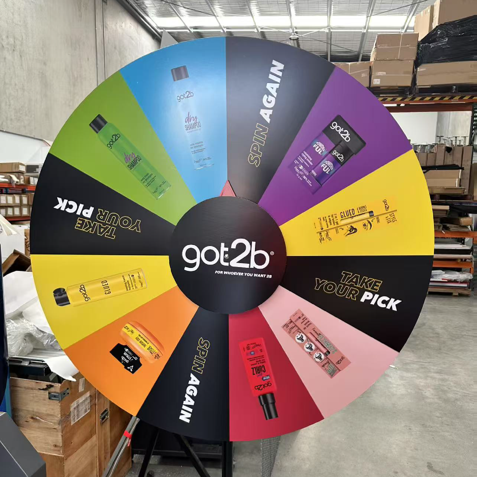 Colorful prize wheel with various winning options.