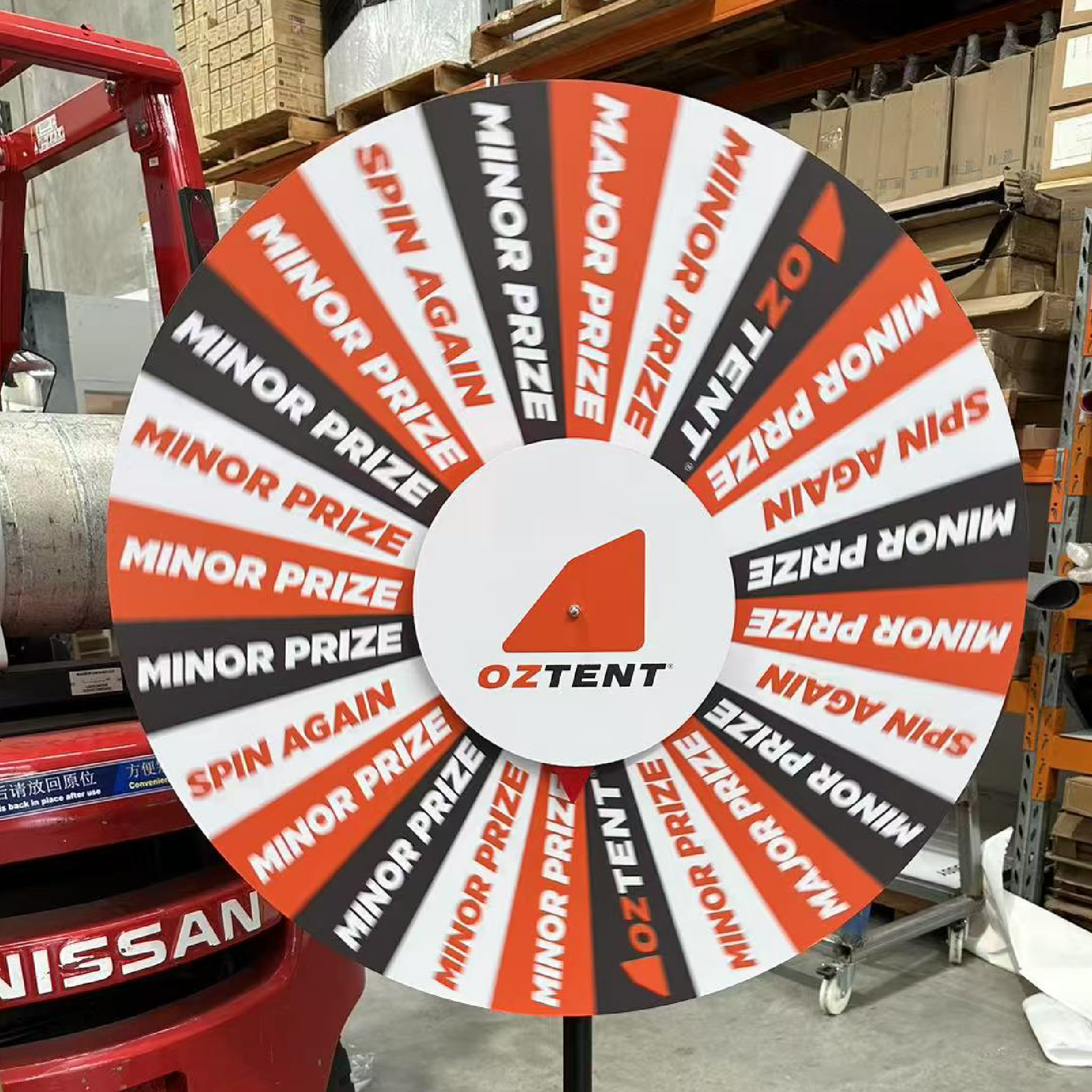 Colorful prize wheel with multiple sections.