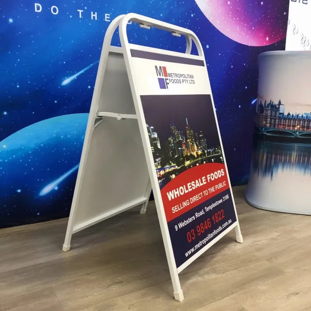 Steel A-frame sign holder for displaying posters or notices.