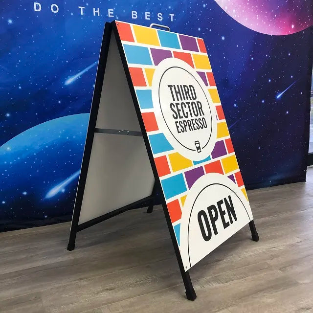 Black steel A-frame sign holder.