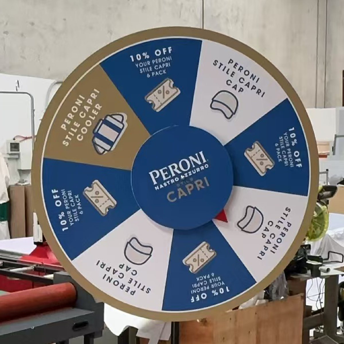 Colorful prize wheel with various prize options.
