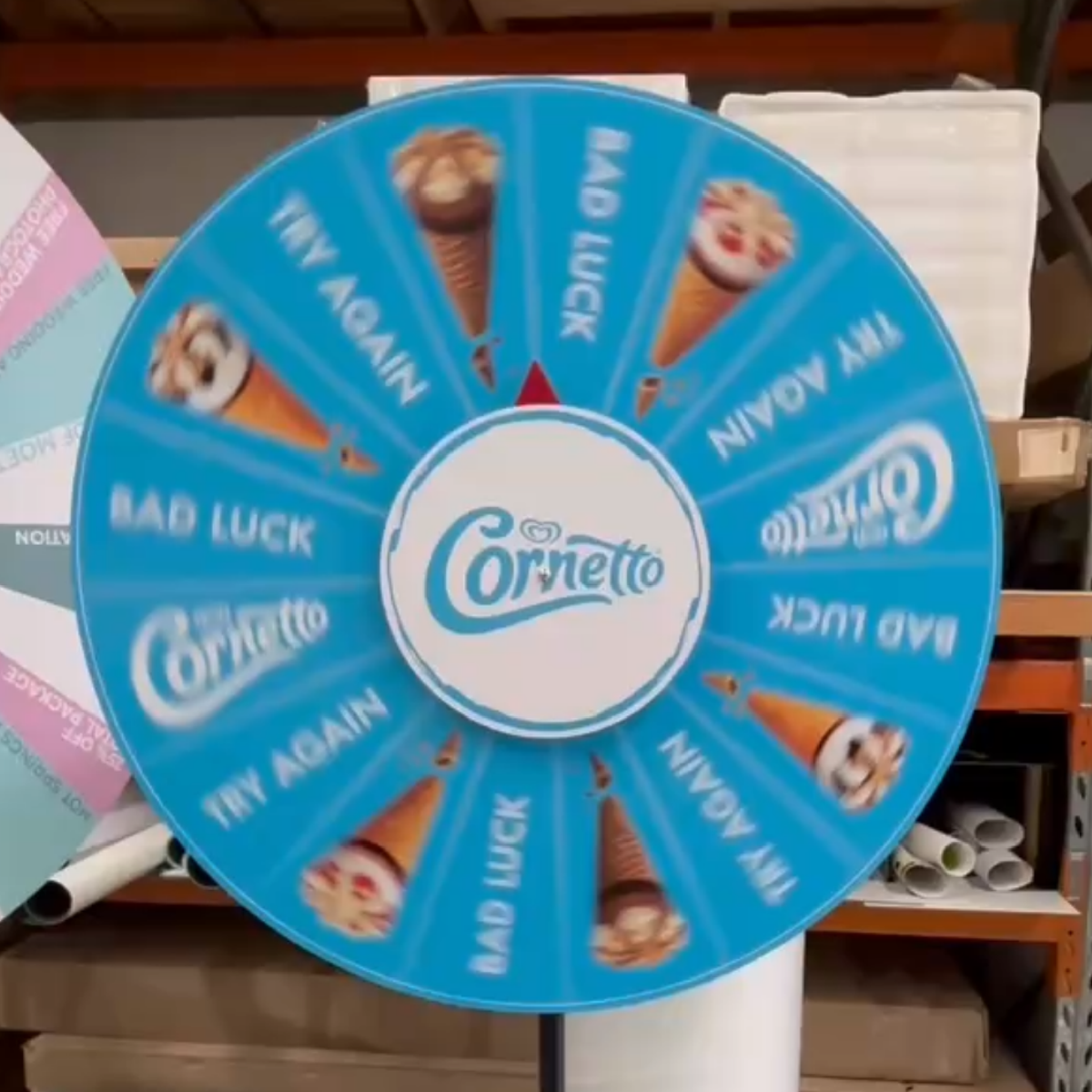 Colorful prize wheel with varied segments.