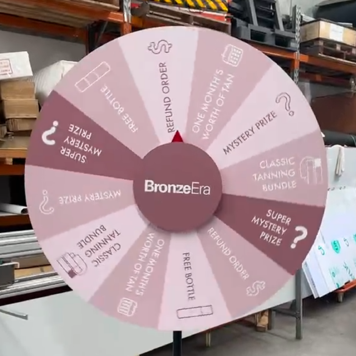 Colorful prize wheel with various winning options.