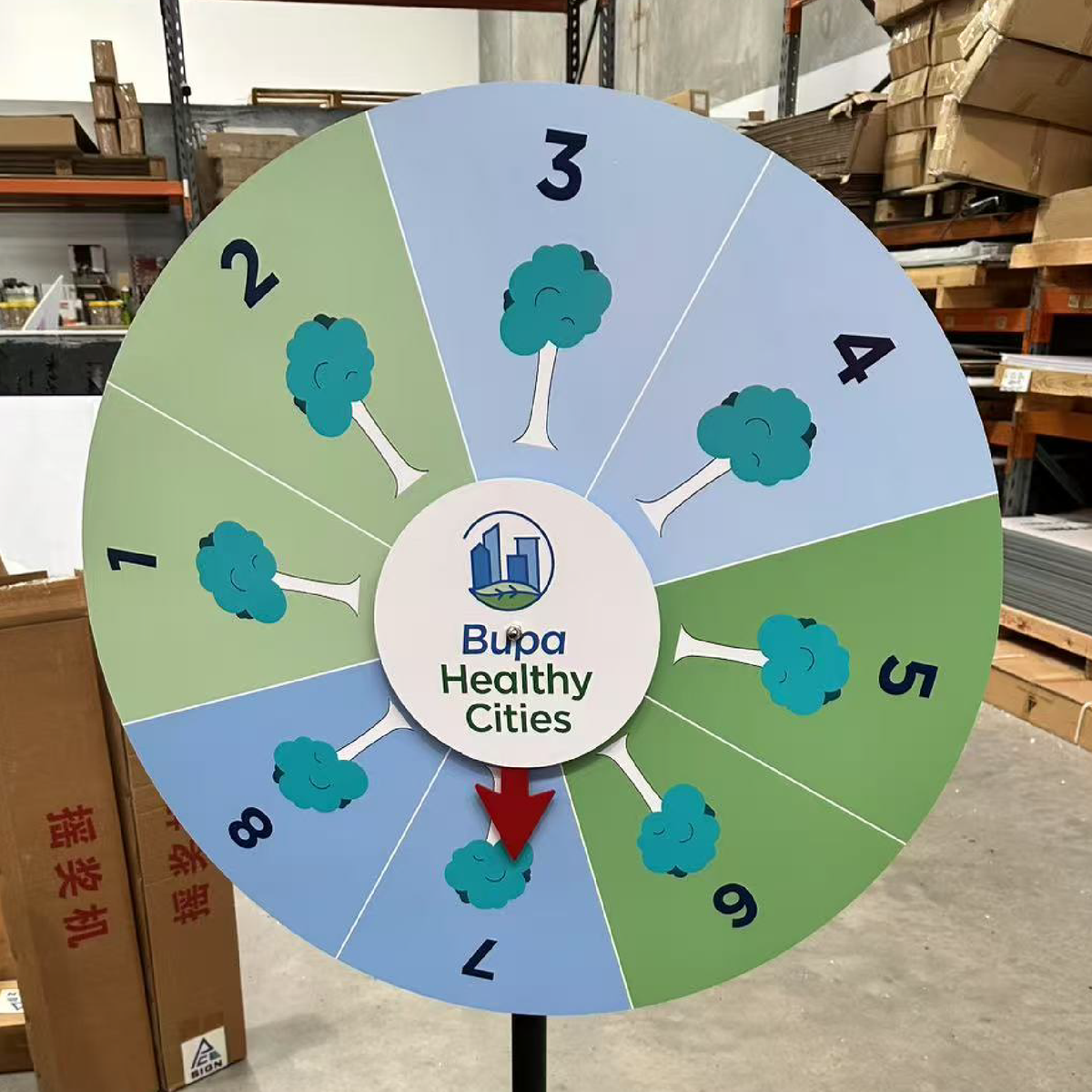 Spinning prize wheel for games or promotions.