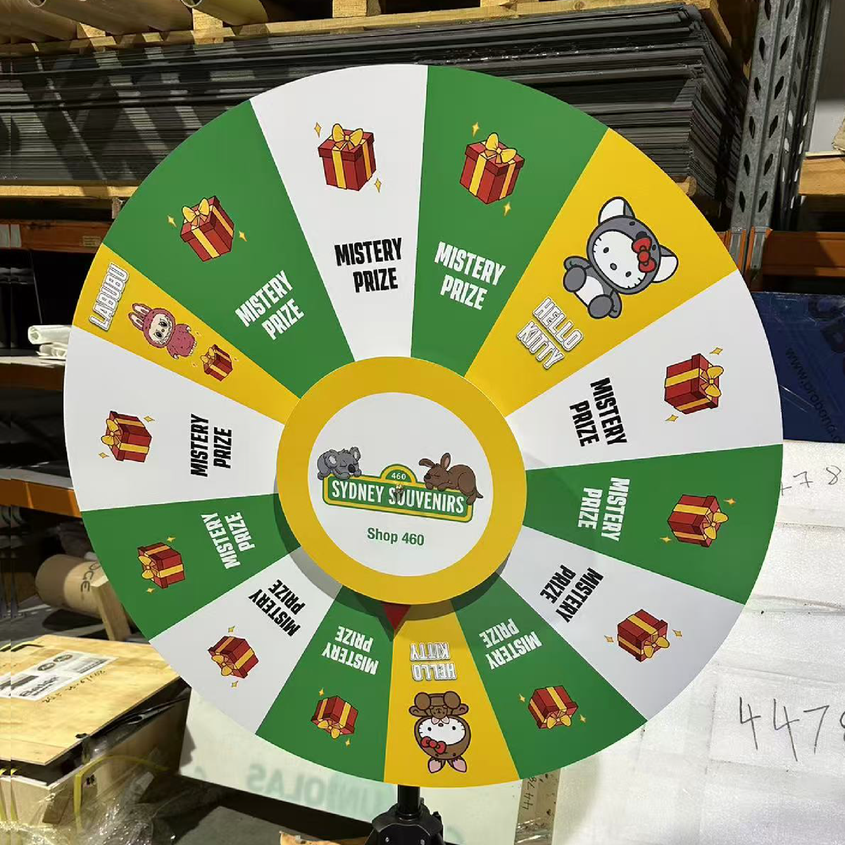 Colorful prize wheel with multiple prize slots.