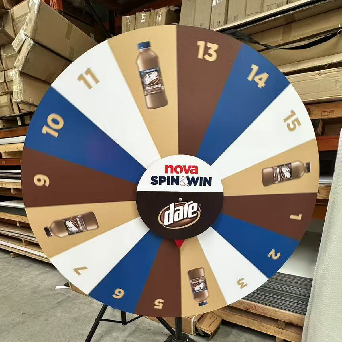 Colorful prize wheel with various sections.