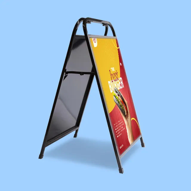 Durable steel A-frame sign for indoor/outdoor use.