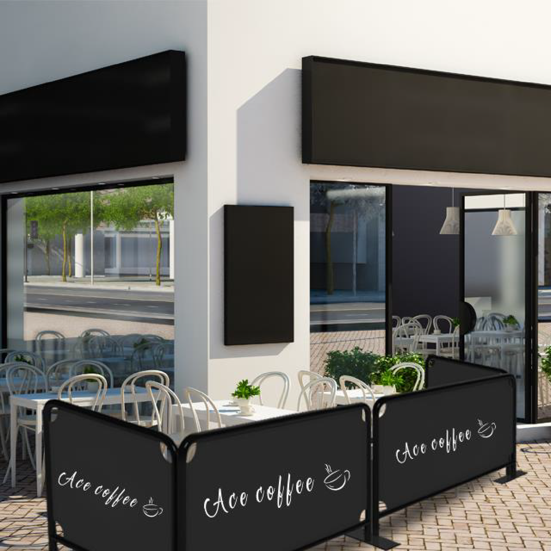 Outdoor cafe barrier separating seating area.