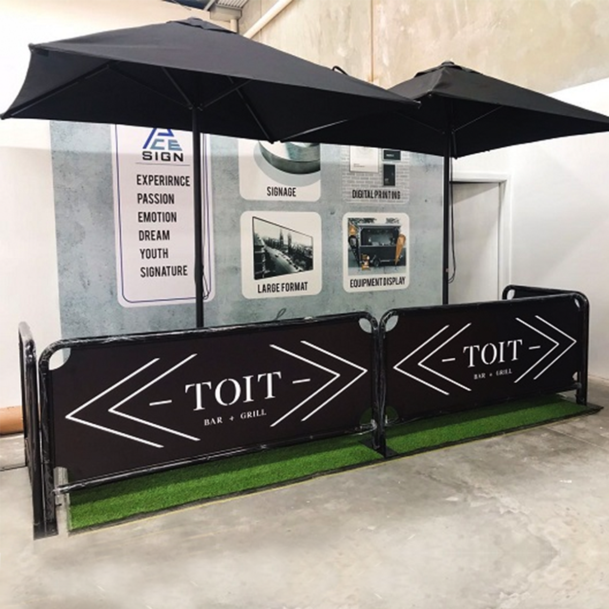 Fabric cafe barrier with metal frame.