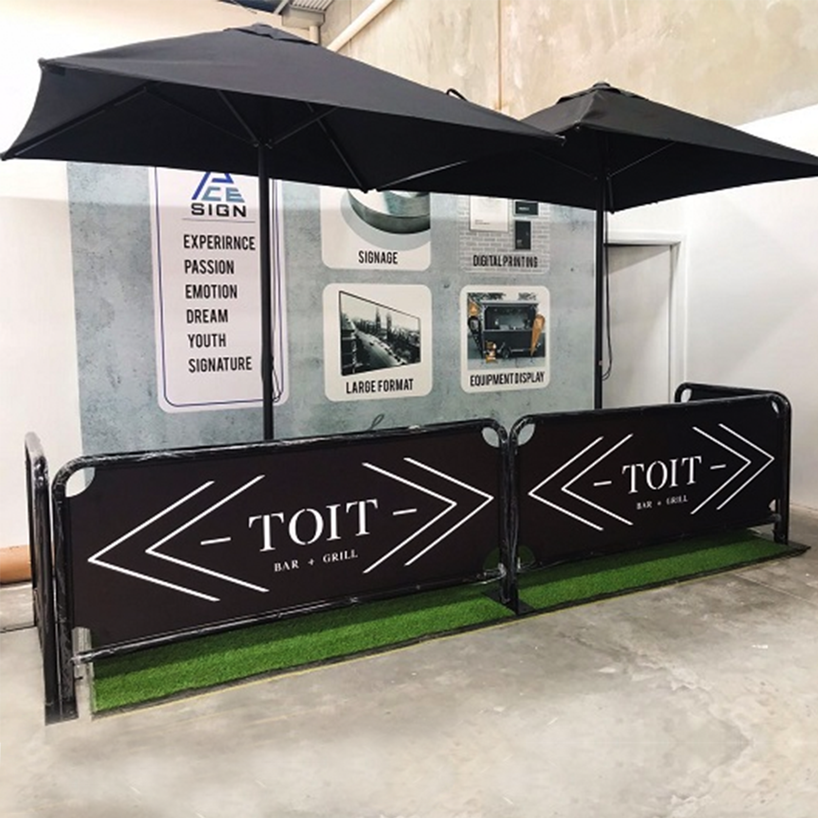 Fabric cafe barrier with metal frame.