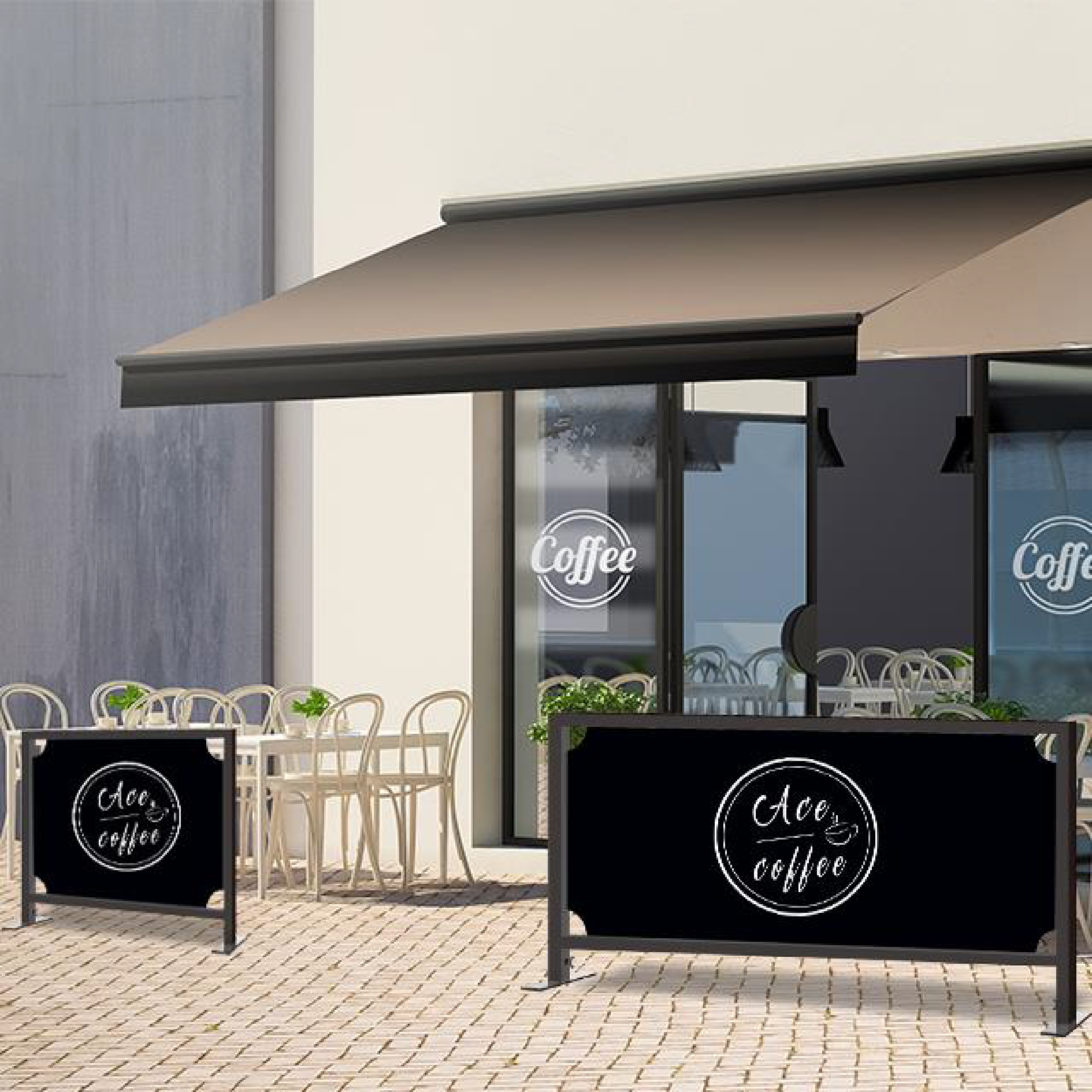 Sidewalk café barrier, metal frame with canvas.
