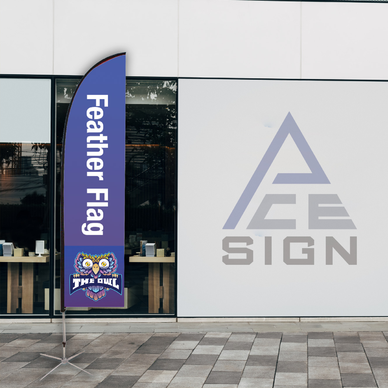 Waving feather flag, advertising or promotional signage.