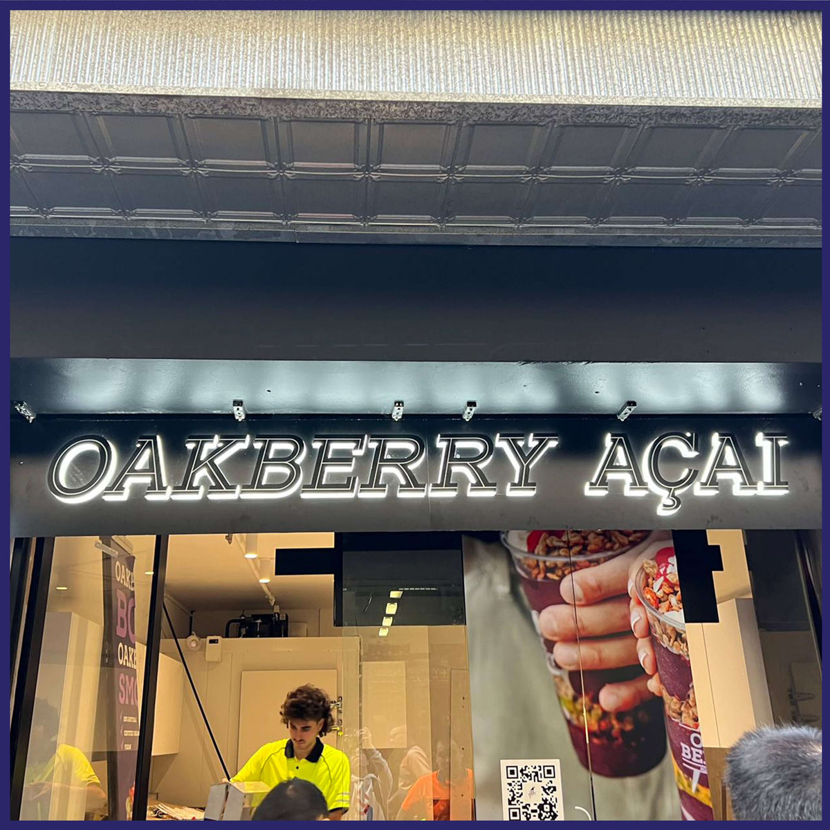 Illuminated, dimensional acrylic letters.