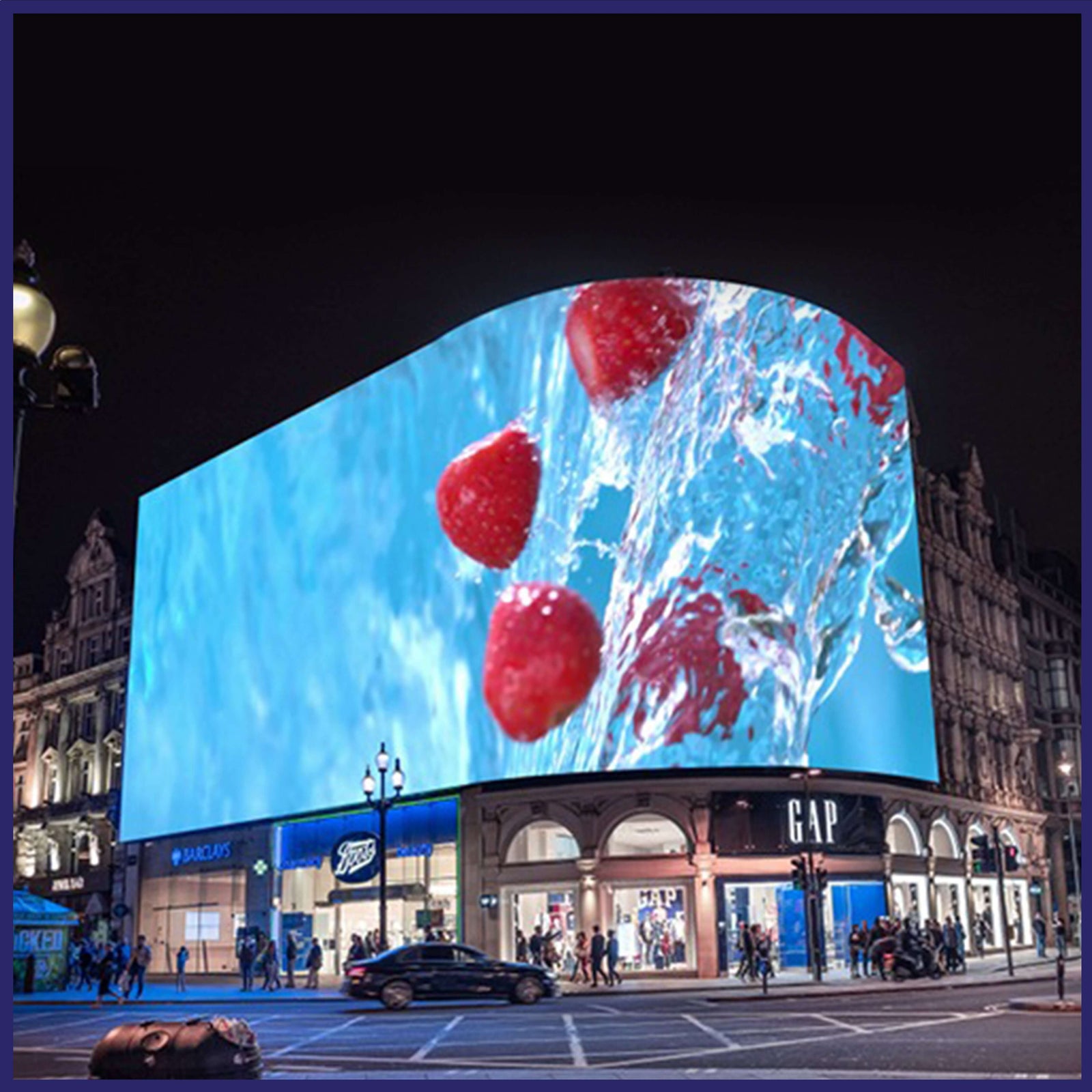 Curved LED screen displaying vibrant visuals.