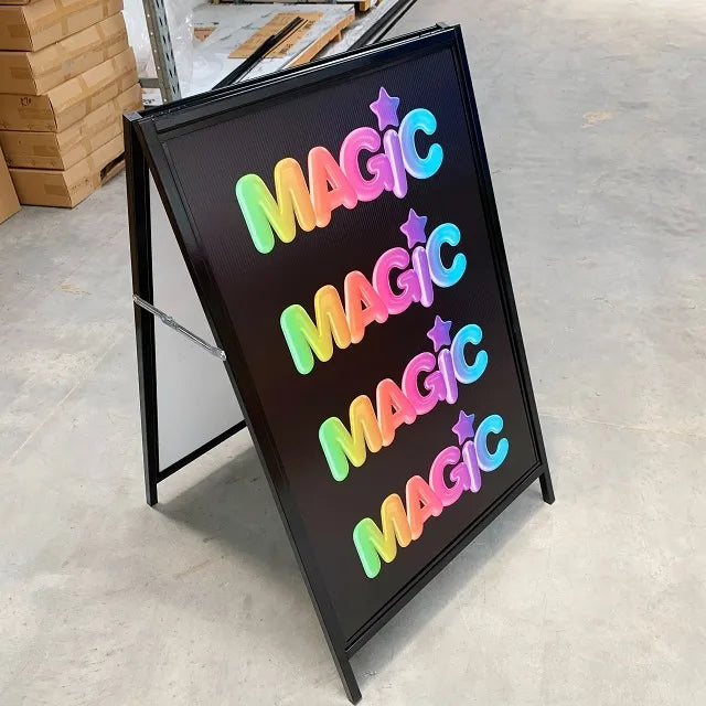 Steel A-frame sign with corrugated plastic insert.