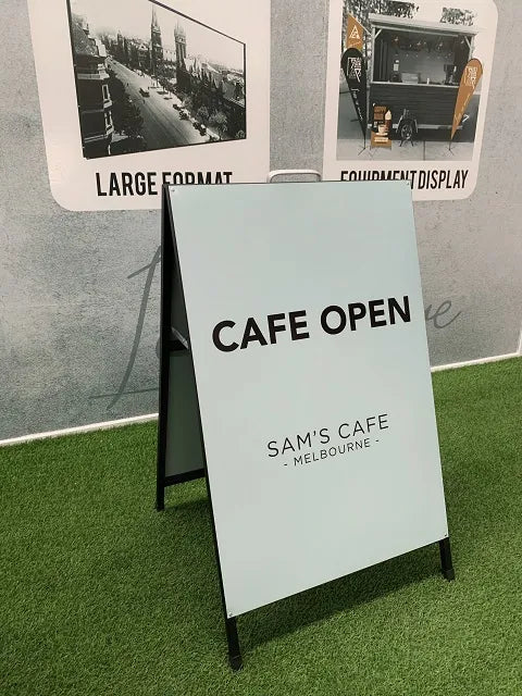 Black steel A-frame sign holder.